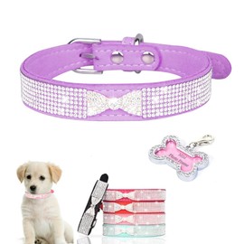 Purple Bling Dog Collars for Medium Dogs, Crystal Name Plate, Pretty Bow Diamond Dog Collars Glitter Jeweled Sparkly Rhinestone Female Dog Collar for Small Medium Pet Girl Dogs,M