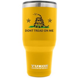 Yukon Outfitters Freedom High Grade 18/8 Stainless Steel Double Wall Vacuum Insulated Tumbler (40oz / 1183ml) - 8.8" H x 4.2" Top Dia. / 3" Bottom Dia., Gold with 'Don't Tread on Me' printed logo