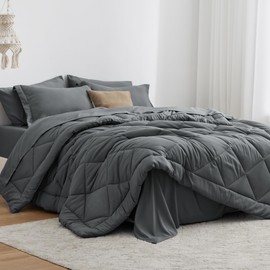 Love's cabin King Size Comforter Set Dark Grey, 7 Pieces King Bed in a Bag, All Season King Bedding Sets with 1 Comforter, 1 Flat Sheet, 1 Fitted Sheet, 2 Pillowcase and 2 Pillow Sham