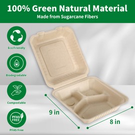 Aricsen Compostable 100 Pack 8x9 Inch Disposable Square Small Lunch Box Takeout Containers with Lid To Go Take Out Clamshell for Food, Eco-Friendly Biodegradable Bagasse, PFAS-Free, Unbleached Brown