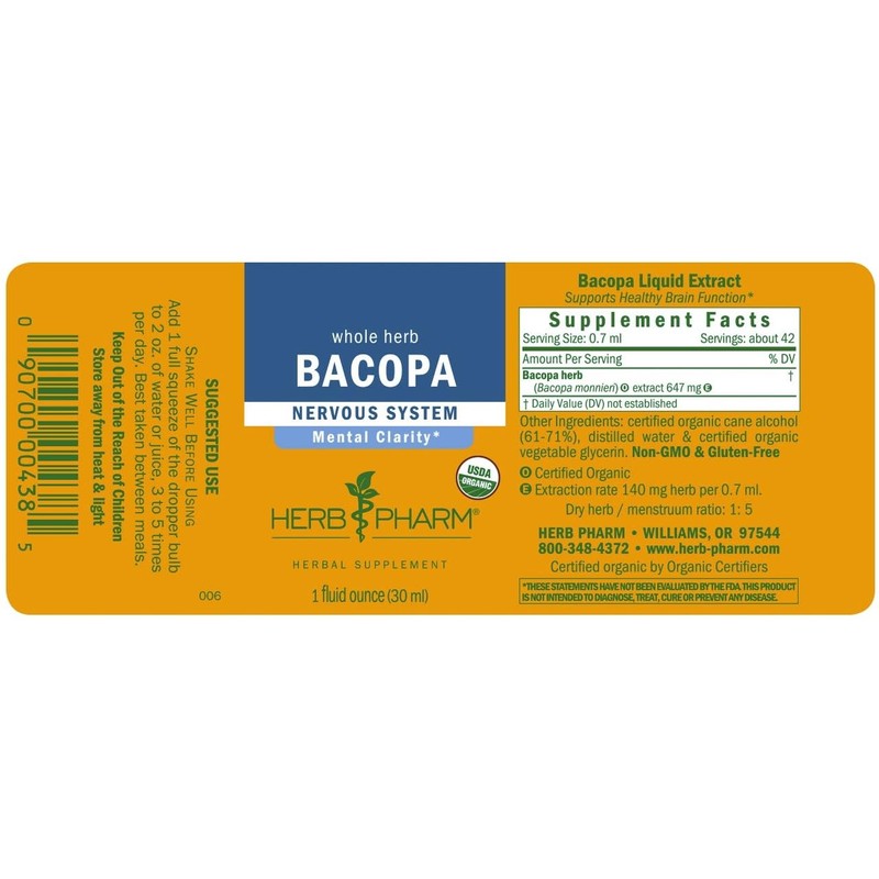 Herb Pharm Certified Organic Bacopa Liquid Extract for Brain Support