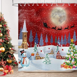 Hnmdmyi Christmas Shower Curtain, 180 x 200 cm, Winter Landscape, Moon, Snowman, Xmas Tree, Holiday, Red, White, Bathtub Curtain, Waterproof Polyester Fabric, Washable Bath Curtain for Bathroom with