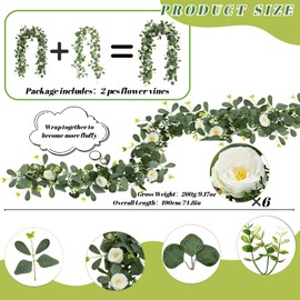 ASTRYAS 2 Pack 6.23Ft Artificial Eucalyptus Garland with Flowers, Fake Rose Garland Greenery Garlands Floral Vines for Wedding Spring Home Party Craft Art Table Runner Decor(White)