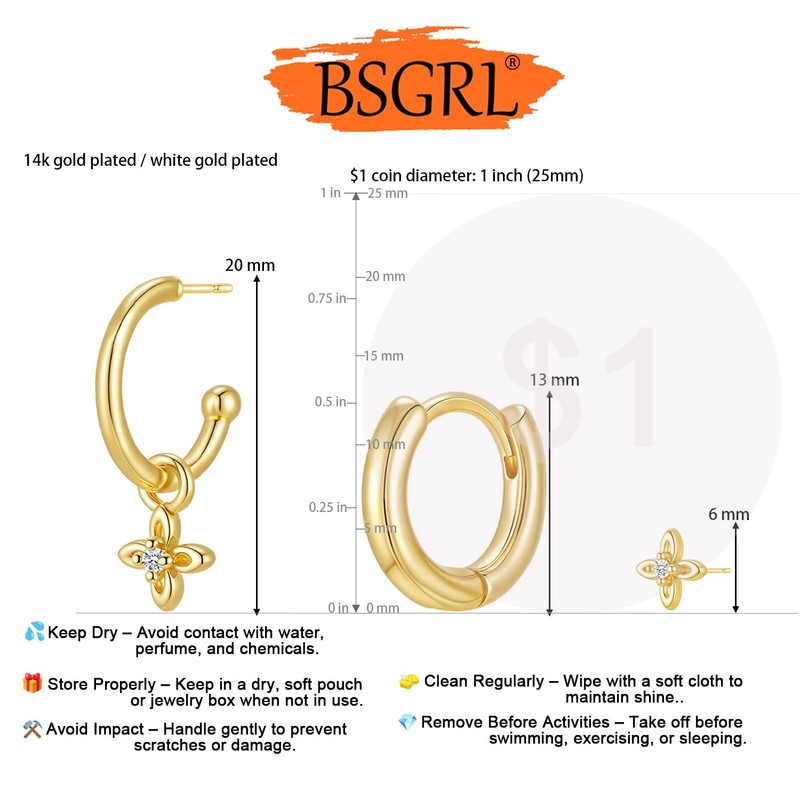 BSGRL Hoop Earrings for Women - 14k Gold Plated Cute