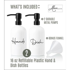 Alora Hand Soap Dispenser and Liquid Dish Soap Dispenser for Kitchen Sink - Set of 2 - Black Metal Pumps - Reusable Plastic Bottle with Easy to Read Lettering - Countertop Replacement Refill