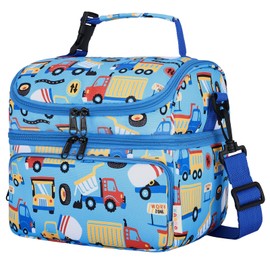 Kasqo Lunch Bag Kids, Dual Compartment Insulated Cooler Bag Girls Boys Toddler Lunch Box Containers for Daycare School Kindergarten Travel Blue Car