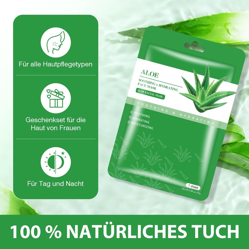 Aloe Vera Gesichtsmaske, Beruhigende & Feuchtigkeitsspendende Tuchmasken, 10 Stück, 25g