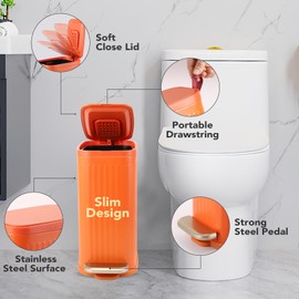 Orange and Gold Bathroom Accessories Set 5 PCS, Bathroom Sets with Stainless Steel Trash Can and Plastic Toothbrush Set,Soap Dispenser, Foam Dispenser for Bath Kitchen Decor