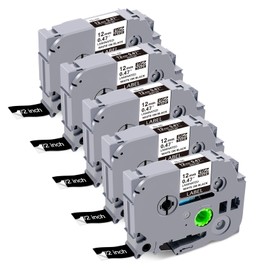 Meritom Compatible with Brother P-touch tapes, 12 mm x 8 m, white on black label tape, Tze335 Tz335 TZ 12 mm, 0.47 laminated label tape for Brother P-Touch Cube H100lb H105 H110C H107lb 1010 D210, 5X