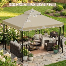 GOTRUTH 10x10 FT Gazebo Replacement Top, Double Tiered Gazebo Cover for Outdoor BBQ Roof Cover Grill Shelter, 420D Oxford Waterproof & UV Protected with Scalloped Edge (Khaki)