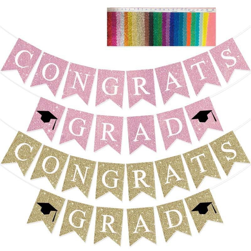 Pre-Strung Congrats Grad Banner Pink Glitter Congratulations Graduate Banner Sign