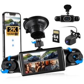 CAMECHO 4 Lens 2K/1080P Mini Dash Cam, 4 Channel Motion Monitoring, 360° Dash Cam with 3 Inch Screen, Built-in WiFi GPS, ADAS, Super Night Vision, Loop Recording, G-Sensor + 64GB Memory Card