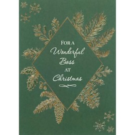 Designer Greetings Gold Foil Diamond, Pine Cones, Branches Holly and Snowflakes on Dark Green Christmas Card for Boss