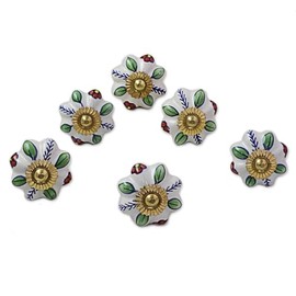 NOVICA Floral Ceramic Nickel Plated Brass Cabinet Knobs, Multi Color, 'Garden Glamour' (Set of 6)