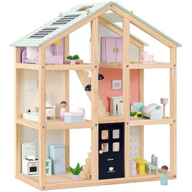 Pillowhale Wooden Dollhouse, Doll House with 38Pcs Furniture Accessories,3 Story Large Doll House, 6 Rooms Pretend Dollhouse, Gift for Girl Ages 3+