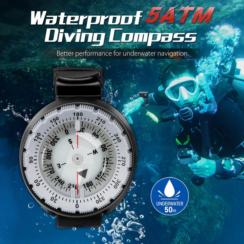 Scuba Compass, Professional Waterproof 5ATM Dive Wrist Compass with TPU