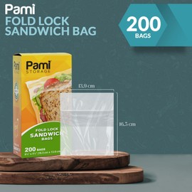 PAMI Fold Top Sandwich Bags [200 Pieces], Disposable Plastic Sandwich Bags No Zipper, Easy Open Fold Top Baggies for Lunch, Snacks, Fruits