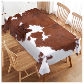 Swono Decorative Rectangle Table Cloth Cowhide, Farm Animal Brown Cowhide Print Cow Polyester Tablecloth Kitchen Table Cover for Dining BBQ Picnic Coffee Table 50x72, 4-6 Seats
