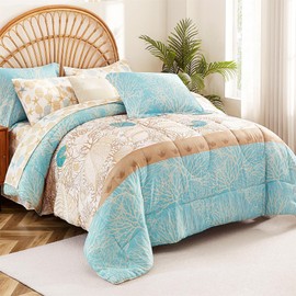 Cmfshape Blue Coastal Queen Size Comforter Set 7 Pieces,Starfish Printed Bedding Bed in A Bag,Soft Microfiber Comforter with Sheet Sets,Pillowcases&Shams for All Season,90x90