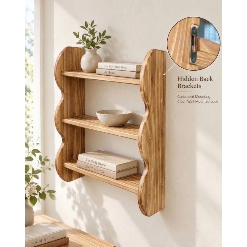 100% Solid Wood 3-Tier Wall Shelf, Rustic Pine, Caramel Finish