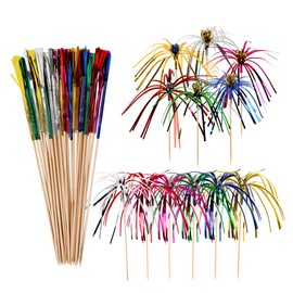 100PCS Firework-Shaped Decorative Bamboo Skewers – 18cm Cocktail Picks with Sparkling Firework Design for Appetizers, Desserts, Drinks, Party Supplies, Pack of 100