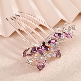 Chargances Bride Crystal French Flower Hair Comb Sparkly Leaf Rhinestone Side Combs with Long Teeth Wedding Hair Accessories for Women (Purple)