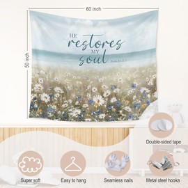 WARDOS Coastal Christian Tapestry, He Restores My Soul Bible Verse Tapestry Wall Hanging, Daisy Flower Field Religious Scripture Wall Blanket Decor for Home Beach Bedroom Cabin, 50x60 Inch