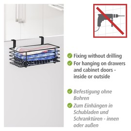 WENKO Small Hanging Basket, Organiser for Hanging on Drawer or Cupboard Door, Suitable for Bathroom and Kitchen, No Drilling, Made of Powder-Coated Metal, 24 x 11.5 x 15 cm, Black