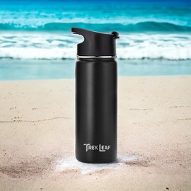 Trek Leaf Travel Water Bottle with 3 Lids (Spout, Straw, Flip) Leak Proof, Quality, Vacuum Insulated, Stainless Steel (Black, 18 oz)