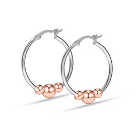 LeCalla 14K Rose-Gold Plated 925 Sterling Silver Light-Weight Round Two-Tone Earring Hoops Jewelry Bead Ball Hoop Earrings for Women