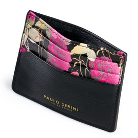 PAULO SERINI® Unisex Card Holder with 6 Card Slots and Compartment for Banknotes and Coins Elegant Credit Card Holder Made of Soft Vegan Leather, Onyx Black with Flower Print, standard size,