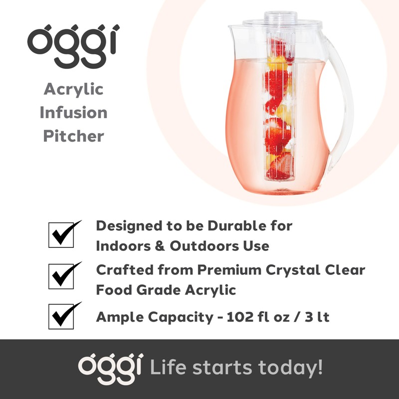 OGGI Acrylic Infusion Pitcher-Plastic Water Pitcher, Fruit Infuser Water Pitcher