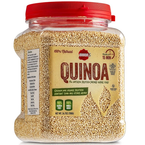 Baron’s Whole Grain Gluten Free Quinoa Bulk 1.5 LB Jar | 100% All Natural Raw Brown Whole Grain Superfood Seeds Cook in 15 Minutes! | Kosher for Passover, Non GMO, High Protein, Fiber & Iron | 24.7oz