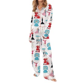 Satin Silk Christmas Pajamas Set for Women Cute Santa Claus Pjs Button Up Shirt+Pants 2 Piece Xmas Jammies (Princess White, S)
