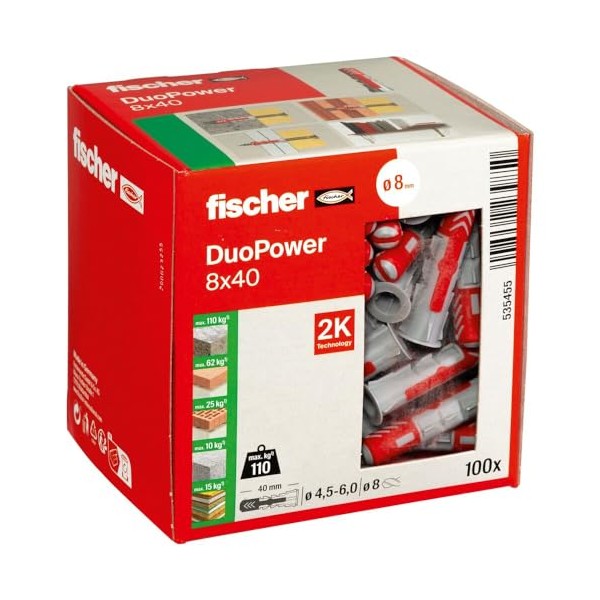 fischer DuoPower 8 x 40, powerful universal plug with intelligent 2-component technology for fastenings in concrete, bricks, stone, gypsum plasterboard, etc., 100 plugs without screws