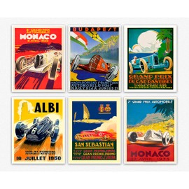 Wallbuddy Set of 6 Car Racing Grand Prix Posters F Poster Formula Poster Car racing Print Motor Racing Poster 1930, 1936, 1937, 1952, 1966, 1970 (5 x 7)