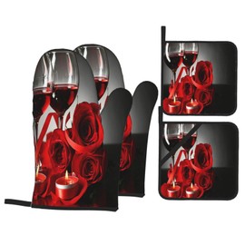 DONMYER Red Rose Wine Glass and Candle Oven Mitts and Pot Holders Sets of 4 Roses Oven Gloves Set Kitchen Mitts Heat Resistant Potholders for Kitchen Baking Grilling