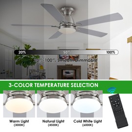 Ceiling Fans with Lights, 56" Flush Mount Ceiling Fan with Light and Remote/APP Control, Low Profile, Modern Ceiling Fan Reversible, Dimmable, Noiseless, Brushed Nickel for Bedroom