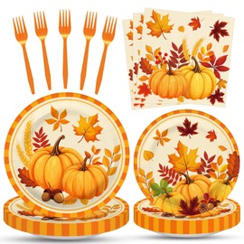 100 Pcs Fall Pumpkin Leaves Tableware Party Supplies Set, Serves 25 – Disposable Autumn Harvest Paper Plates, Napkins, and Forks, Thanksgiving Day Dinnerware for Friendsgiving Gatherings Decorations