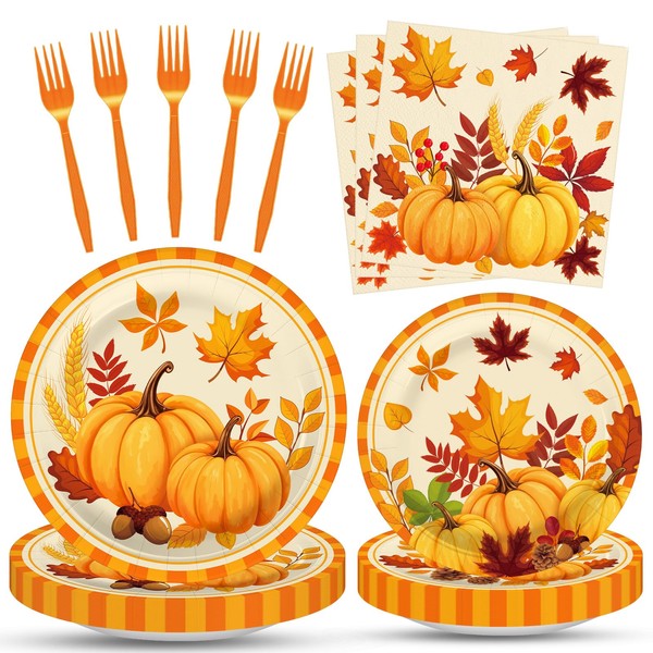 100 Pcs Fall Pumpkin Leaves Tableware Party Supplies Set, Serves