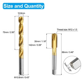 uxcell Tap and Drill Bit Set, 1pcs M12 x 1.25 Metric Spiral Point Thread Screw Taps & 1pcs 10.8mm Twist Drill Bits, Titanium Coated HSS-6542 Tapping Threading Tool Kit