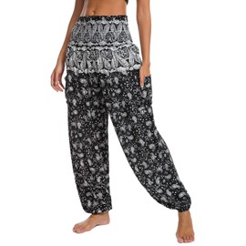 Urban CoCo Women's Boho Floral Yoga Pants with Pockets Elastic Waist Flowy Palazzo Harem Pants for Beach Casual (S, # 3)