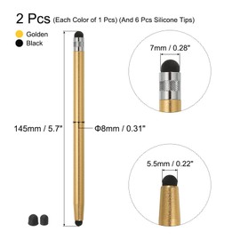 sourcing map 2pcs Stylus Pens for Touch Screens with 6 Extra Tips Dual Rubber Tips Capacitive Stylus Universal Tablet Pen Sensitivity Precision, Gold Black