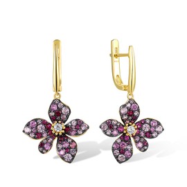 Santuzza Sterling Silver Gemstone Cherry Blossom Earrings Pink Sapphire Cubic Zirconia Pink Flower Dangle Earrings for Women