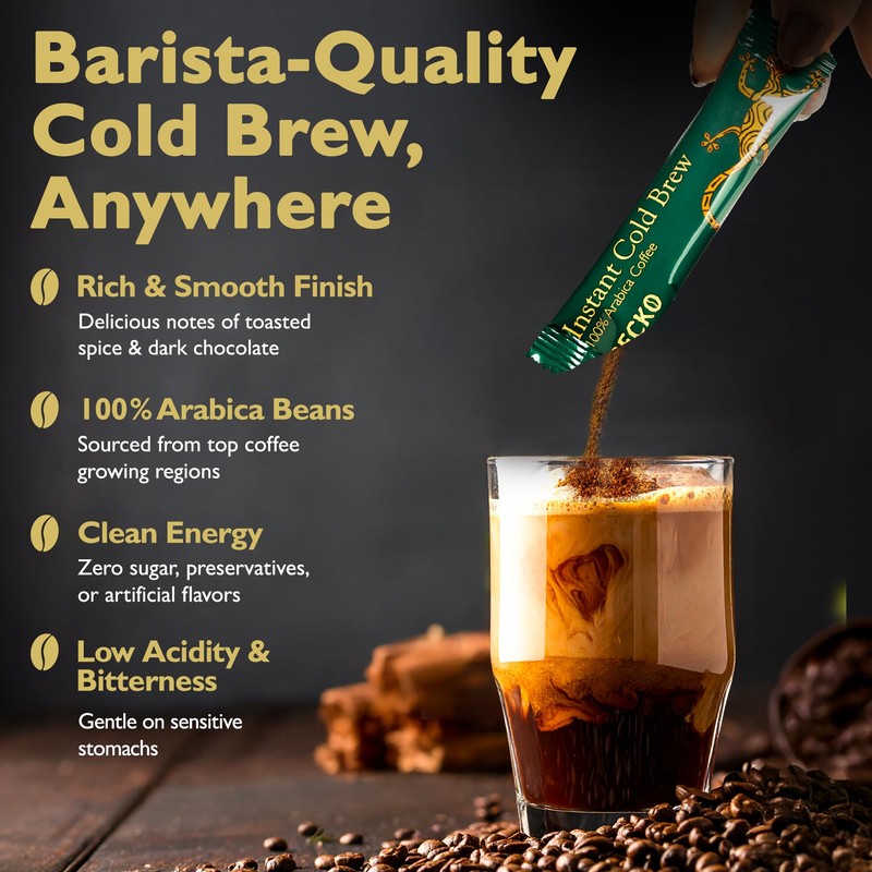 Gecko Coffee Instant Cold Brew, Craft Instant Coffee Sticks, 100%
