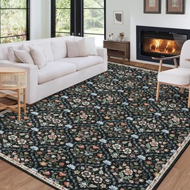 COZYLOOM Bedroom Rug 8x10 Under Bed Machine Washable Area Rugs Vintage Floral Print Accent Rug with Non Slip Backing Stain-Resistant Trellis Farmhouse Carpet for Nursery, Living Room, Black Multi