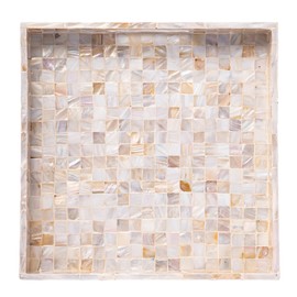 PEMAR 12.2" Square Serving Tray Mother of Pearl Nacre Wood Lap Ottoman Tray for Coffee Table, Luxury Decorative Handmade Eating Platters w Insert Handles (White Cream Squares Pattern)