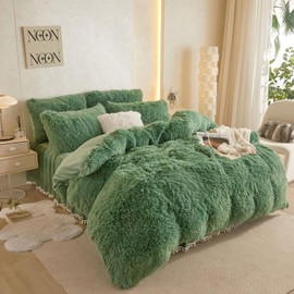 Fluffy Sage Green Comforter Set, Fluffy Plush Shaggy Duvet Cover 1 Pieces Set (1 Faux Fur Duvet Cover) Velvet Bedding twin bed set ,Zipper Closure (Sage Green, Twin)