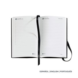 Miquelrius - 2024 Year Diary Day to View Passport Size 90 x 140 mm Hard Cover Stitched Faux Leather Elastic Band Spanish English and Portuguese Black