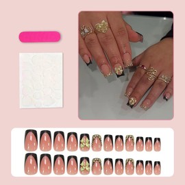 Bow Press on Nails Short Square Nail Press ons Black French Tip Fake Nails with Rhinestone Design Glossy Full Cover Glue on Nail Artificial Acrylic Stick on Nails for Women Nxtpz Manicure 24Pcs